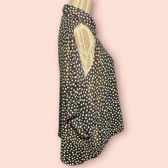 Navy Open Shoulder Button Down Blouse w/ Cream Polkadots - Picture 4 of 12